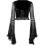 Summer Dark Wind Fashion Spice Girl T-Shirt Sexuality Long-Sleeved Mesh Cloth Spliced Horn Sleeve Blouse Girl-Outfit