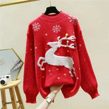 Women's Reindeer Christmas Snowflake Fawn Knitting Thicker Warm Loose Outer Wear O-Neck Pullovers Graphic