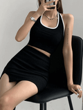 Contrast Trim Cropped Halter Tank Top-Outfit