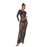Fashion Women's Pure Color Mesh Hot Diamond Long Sleeve Dress Dress-Outfit