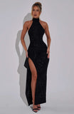 Summer New Fashion Temperament Pure Color Fine Sexy Big Side Open Side Open Shoulder Hanging Neck Dress