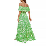 Hot Selling A Word-Collar Print Lotus Leaf Side Temperament Dress Dress