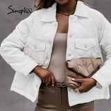 Simplee Office pocket geometric printed women parka winter Loose lapel fashion coat white black Casual button lady quilted