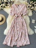 Sweet Floral Dress Women V Neck Puff Sleeve Single-Breasted Belt Dress Summer Bohemian Print A-line Midi