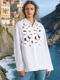 Toloer Autumn New Fashion Leisure Three-Dimensional Flower Splicing Advanced Sense Single Breasted Hollow Out Long Sleeve Shirt Female-Outfit