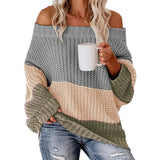Toloer And Winter Women's One Word Collar Loose Splicing Color Knit Jumper Sweater