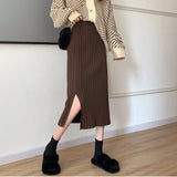 Fashion Autumn Winter Knitted Back Split Long Pleated Skirt Women Japan Style Black Mid-Length High Waist Skirt