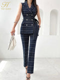 Han Queen 2023 Autumn Occupation Plaid 2-Piece Suit Women Elegant Double-Breasted Lace-Up Top & Simple Pants Korean Casual Set-Outfit