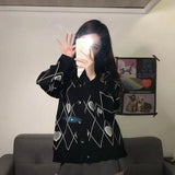 Deeptown Harajuku Black Knitted Cardigan Heart Print Knitwear Women Goth Long Sleeve Sweater Autumn Winter Korean 2021