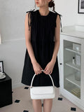 Chic Niche Retro Round Neck Pleated Bow Tie Small Sleeveless Vest Dress Woman-Outfit