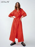 Elegant Lace Up Robe Dress Summer Wrap Long Dresses Women Casual Loose Half Sleeve Cotton Linen Office Blazers