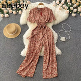 Beach Rompers Female Short Sleeve V Neck Elastic Ruched Loose Casual Bohemian Print Jumpsuits Summer