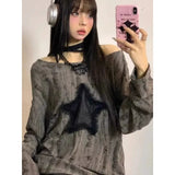 Autumn Gray Round-Neck Long-Sleeved T-Shirt Women's Lazy Style Loose Hole Star Blouse-Outfit