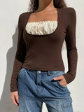 Square collar Lace Crop Top-Outfit
