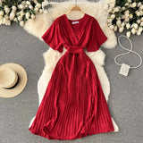 Pleated Dress Women Short Sleeve V Neck Solid A-line Dresses 2022 New Summer Chiffon Vacation Beach