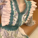 Fashion Vintage Embroidery Dress Female V-neck Long Sleeve High Waist Bodycon Green Mesh Patchwork Elegant Dresses