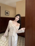 Blouse Women Bowknot Off Shoulder Flare Sleeve Elegant Fairy Slash Neck Spring Summer Tops Ladies Fashion Shirts Chic-Outfit