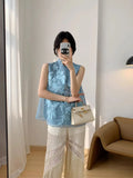 Chinese Heavy Industry Embroidered Cardigan Collar Chiffon Blue Shirt Summer New Style Chic Sleeveless Shirt Woman-Outfit