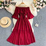 Women Off Shoulder Solid Dress Sexy Slash Neck Short Sleeve A-line Ruched Dresses Summer Bohemian Beach
