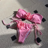 2024 New Solid-Colored Rose Breast Drawstring Strap Split Swimsuit