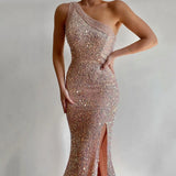 Women's Winter 2025 Pink Open Fork Dress Single Shoulder Squined