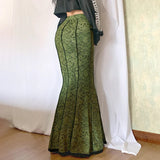 Green Lace Printed Trumpet Long Skirt-Outfit