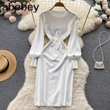 Women Autumn French Knitted Dress O Neck Long Sleeve Sheath Dress Office Lady Fashion Solid Mid Long Sweater