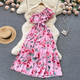 Irregular Ruffled Floral Print Dress Sashes Women Summer 2022 Vacation Slim Fashion Sexy Ladies A Line Long