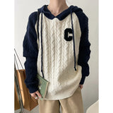 Women's Letter C Raglan Sleeve Hooded Knitted Sweater 2022 Autumn Loose Simple