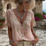 3D Printed Autumn Temperament Elegant New Imitation Of The Shoulder Short-Sleeved Top