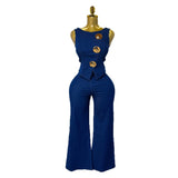 Temperament Design Sense Metal Buckle Round-Neck Sleeveless Vest + High-Waist Broad-Legged Trousers Denim Set Of