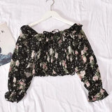 one-shoulder floral lace tie ruffled chiffon shirt female pleated was thin puff sleeve bottoming