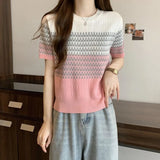 Gradient Striped T-Shirt Women's Summer New Oceanic Ice Silk Sleeve