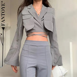 Double Layer Lace Up Coat Blazer Slim Women Gray Long Sleeve Pocket Short Jacket Suit Collar Female Outwear Clothes