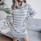Autumn Knitted Striped Turtleneck Women Sweater Dress Black Long Sleeve Basic Dress Women Winter Fashion Casual