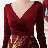 Winter Elegant Velvet With Sequins Deep V Neck Long Sleeve Slit Cocktail Eevening