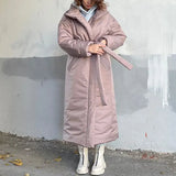 Winter Solid Hooded Parkas Women Fashion Tie Belt Collected Waisted Coats Women Elegant Long Cotton Jackets Female