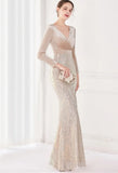 Winter Elegant Velvet With Sequins Deep V Neck Long Sleeve Slit Cocktail Eevening