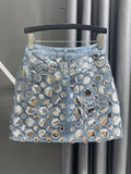 Women's Denim Skirt High Waist Circular Sequin Patchwork Wrap Hip Blue Short Miniskirts 2024 Summer New Fashion 29L4143-Outfit
