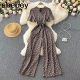 Beach Rompers Female Short Sleeve V Neck Elastic Ruched Loose Casual Bohemian Print Jumpsuits Summer