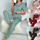 Toloer And Summer On The New Pajamas Female Milk Silk Short Sleeve Trousers Suit Classic Solid Color Casual Burst-Outfit