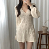 And Winter Vintage Linen Pattern V-Necked Waist Small Lantern Sleeve A Word Knitted Sweater Dress Women