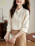 Han Queen New 2023 Autumn Vintage Office Blouse Female Shirt Lace Embroidery Beads Tops Long Sleeve Casual Women Loose Blouses-Outfit