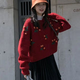 2021 Valentine's Day Red Sweaters Cherry Short Women Winter Clothes Loose Coat Cherries Korean Style Tops Pulover