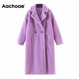 Aachoae Winter Casual Solid Teddy Coat Women Long Sleeve Fleece Long Jacket Turn Down Collar Lamb Fur Coat Outerwear