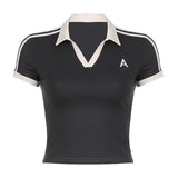 Toloer Style Cool Girl Letter Print Color Short Sleeved T Shirt POLO Collar Slim Base Versatile Top-Outfit