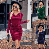 Toloer Winter Fashion Women's Wear New Casual Solid Color Swing Collar Long Sleeve Sprinkle Pink Velvet Dress-Outfit