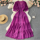 Women Elegant French Dress Sweet Puff Sleeve V Neck Single Breasted A-line Dresses Summer Casual Streetwear Midi Dress