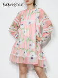 Casual Pink Print Dress For Women Round Neck Lantern Long Sleeve Loose Mini Dresses Female Fashion Clothing