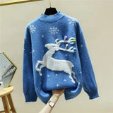 Women's Reindeer Christmas Snowflake Fawn Knitting Thicker Warm Loose Outer Wear O-Neck Pullovers Graphic